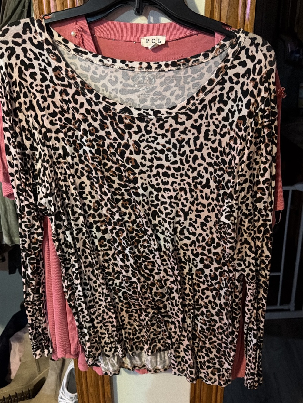 POL Pink and Brown Leopard Print Long Sleeve Top